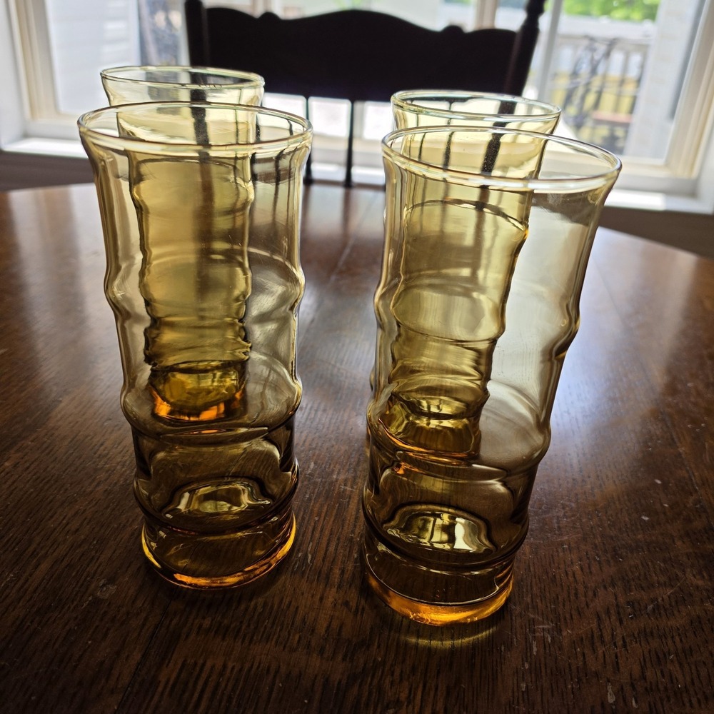 Vintage 7" Libbey Amber‎ Bamboo Tiki Highball Glasses Set Of 4  60s 70s MCM